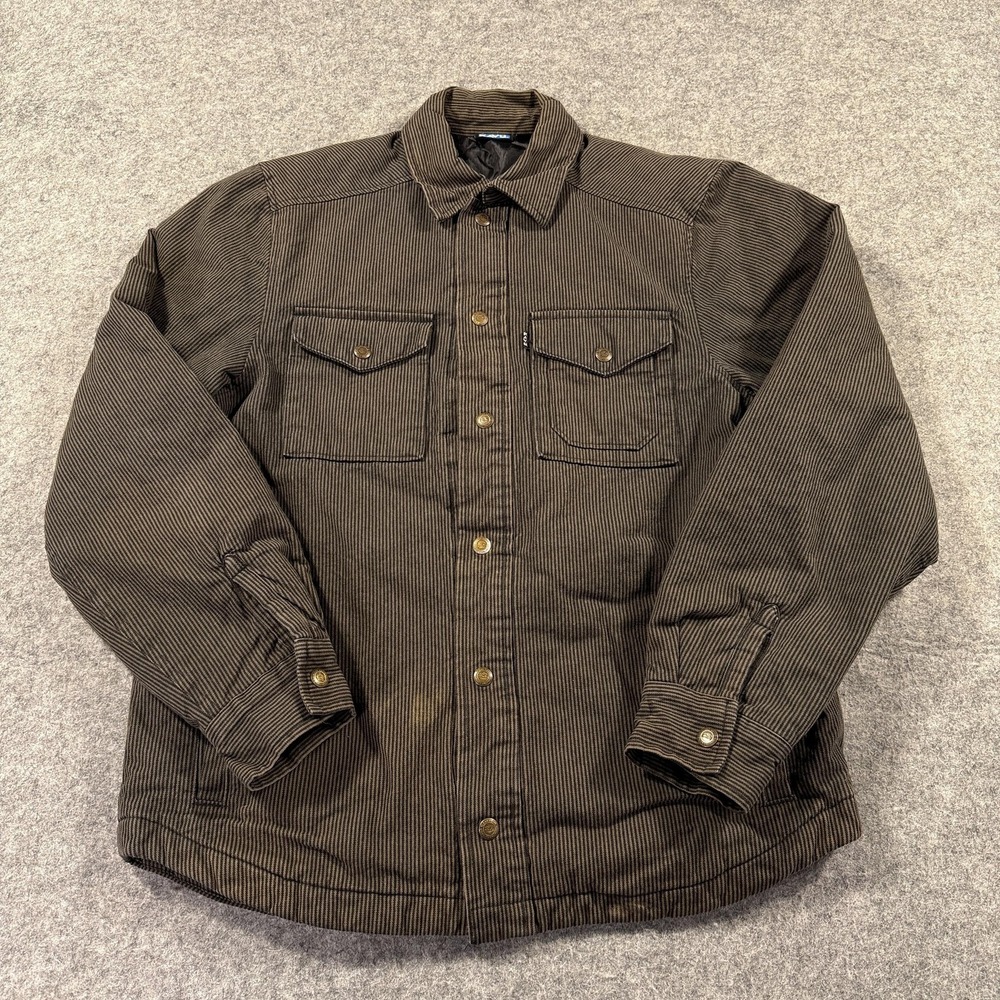 KAVU Jacket Mens Medium Brown Striped Quilted Shirt Jac Workwear‎ Snap Lined